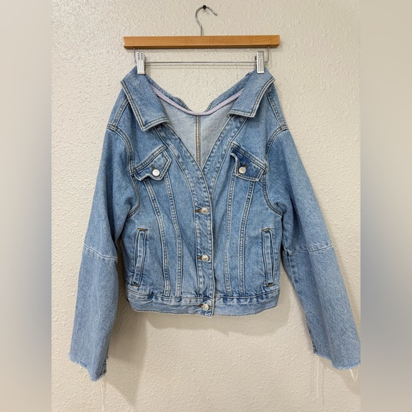 Topshop MOTO Off Shoulder Denim Jacket Size 6 - Picture 2 of 8